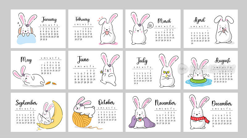 矢量日历2023年与兔年的符号。可爱有趣的卡哇伊人物宝宝兔子。一周从星期天开始。模板与封面尺寸A4 A3 A2 A5。